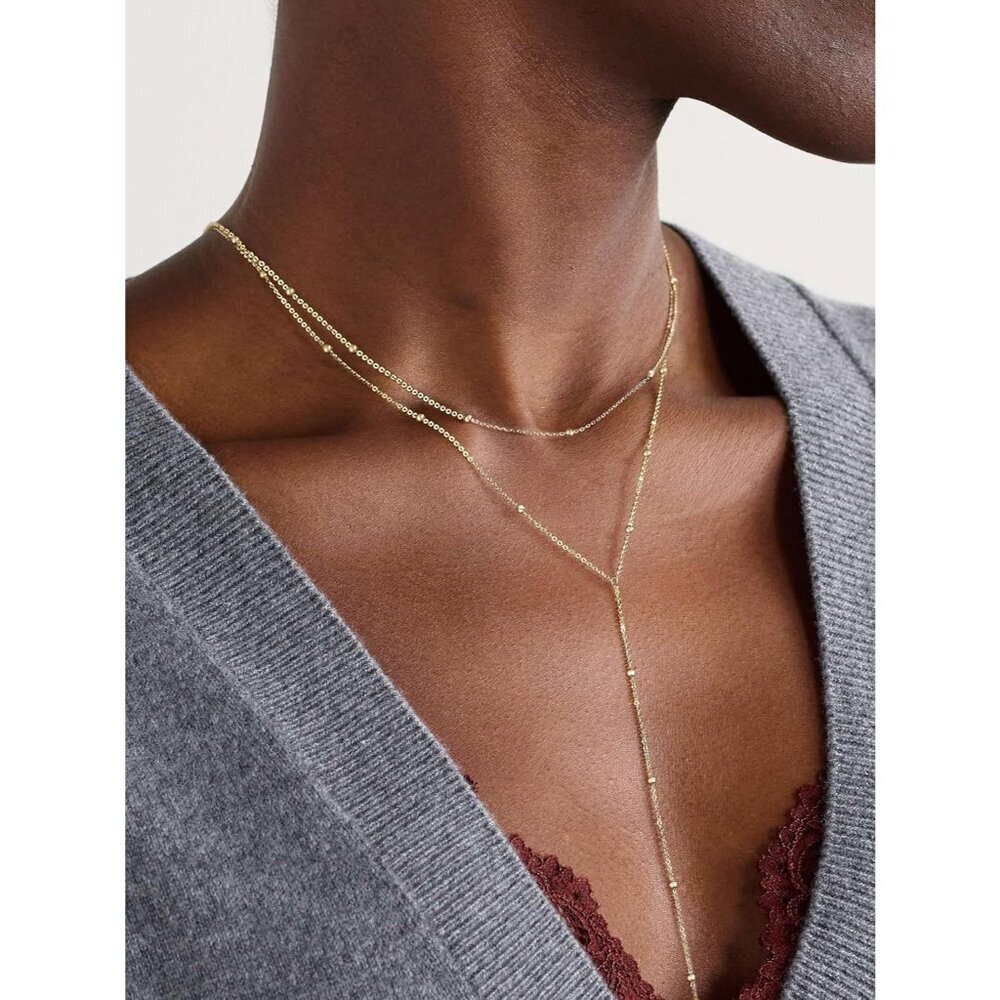 Women's Sterling Silver Y-Shaped Trendy Layered Simple Gold Necklace Jewelry - Picture 3 of 7